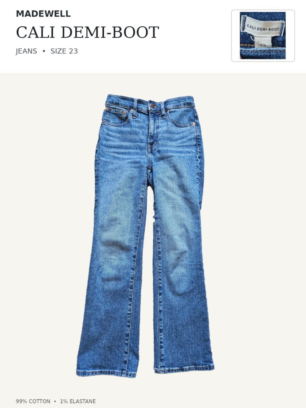 Madewell Cali Demi-Boot Jeans Medium Wash Kick Flare Size 23